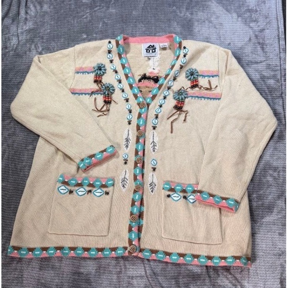 Storybook Knits Vintage Southwestern Beaded Cardigan Sweater Cream 2X‎ HSN